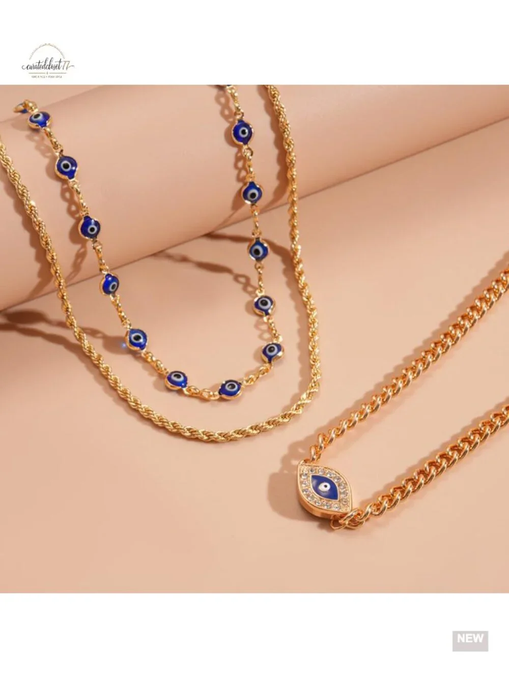 3 Layered Necklace Set Gold Plated Cuban Rope Chain Evil Eye Boho Protection